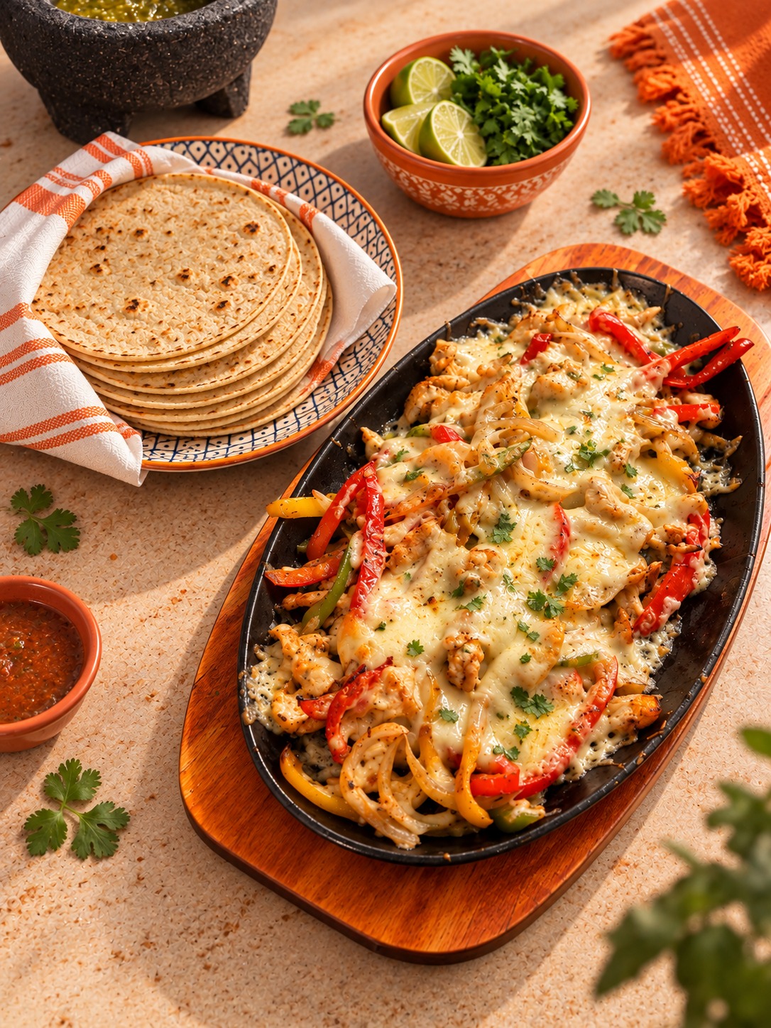 Fajitas de pollo con pimientos en sartén