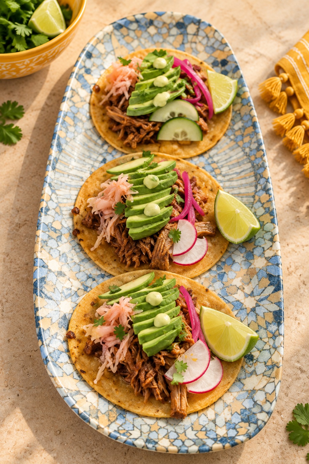 Tacos con carne deshebrada, aguacate y rábano