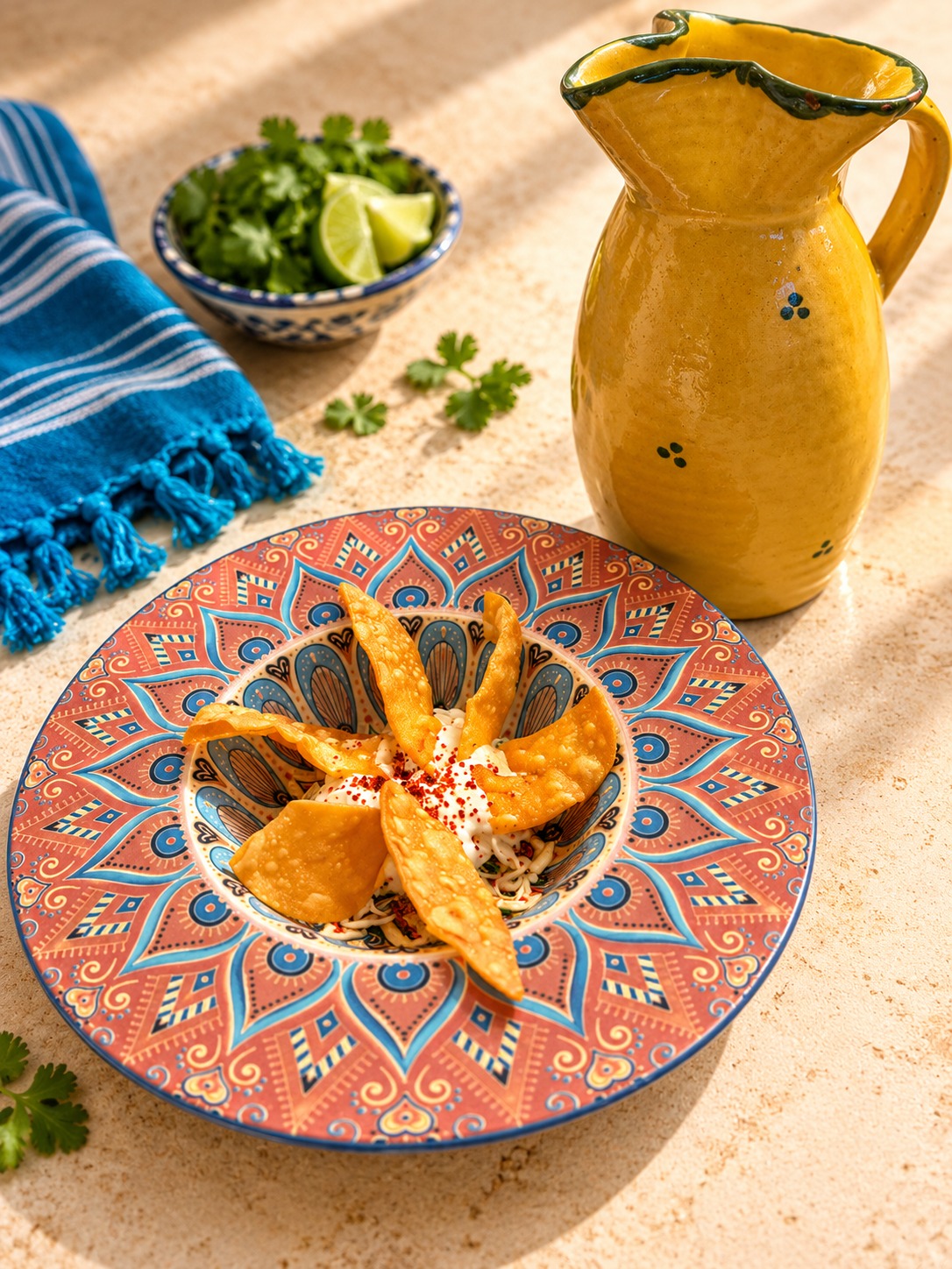 Totopos servidos en plato de talavera