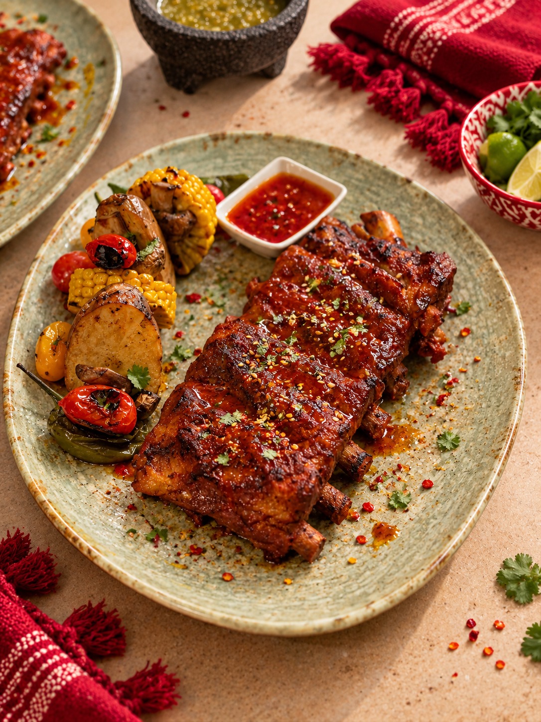 Costillar bañado en salsa con totopos